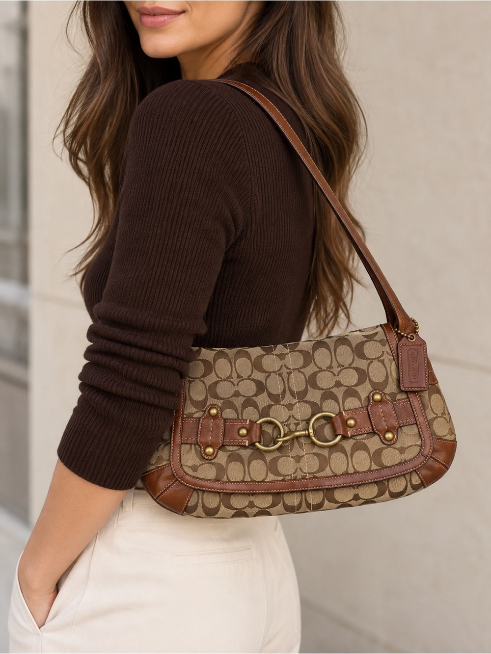 2007 Coach Ergo Belted Brown Signature Hobo Shoulder Bag with Leather Trim Rare